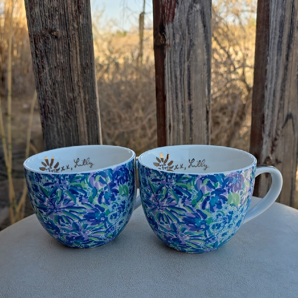 Lilly Pulitzer Hidden Cat Mugs – Rare Floral Pair, 12oz, Gold Trim